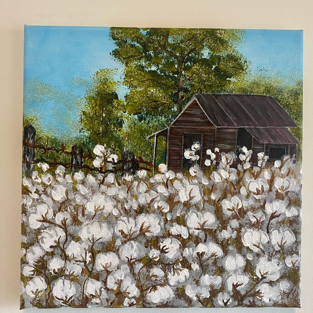 Cabin with cotton field painting